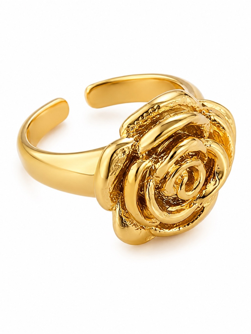 14K Gold Tone Rose Ring, Adjustable Stainless Steel Floral Statement Ring